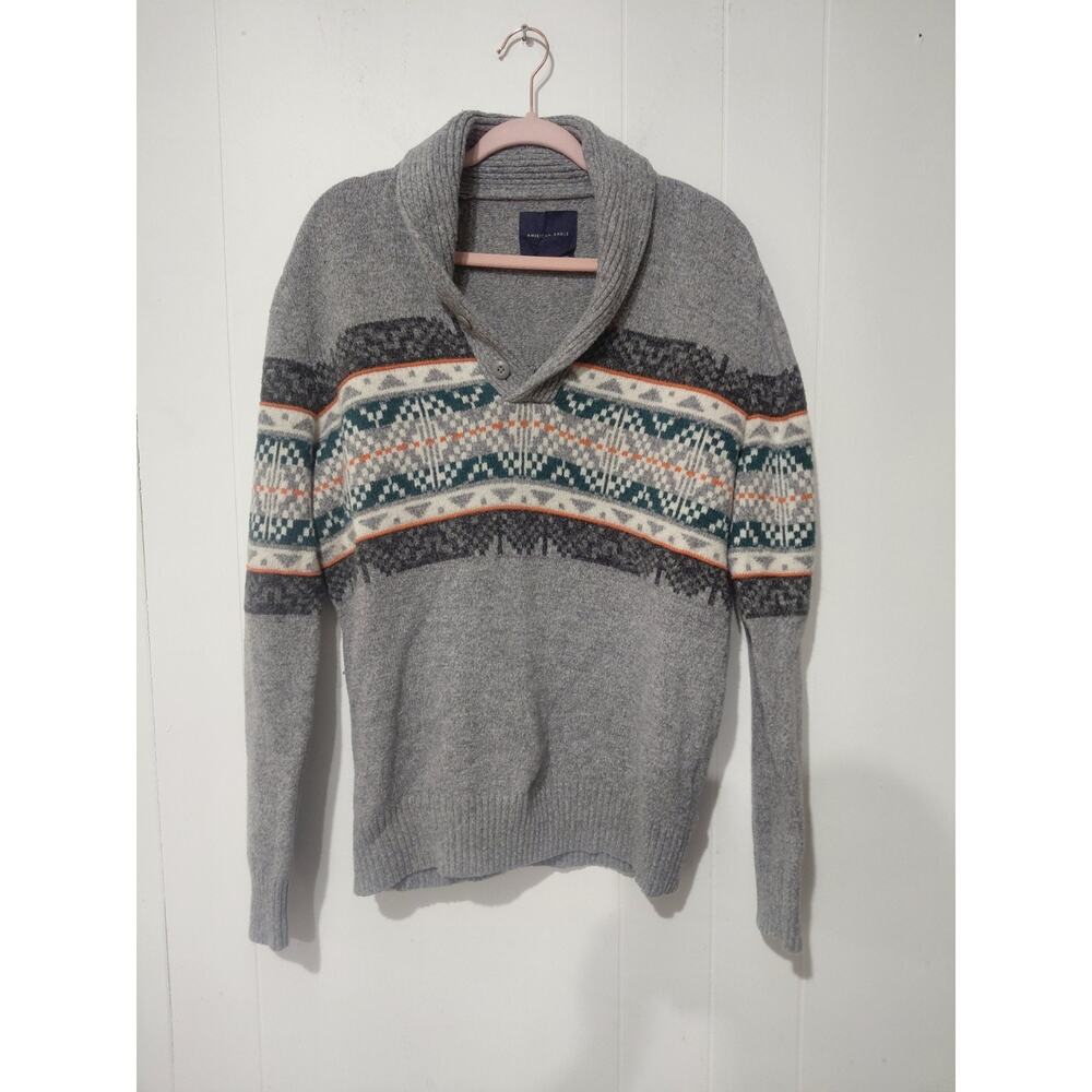 American Eagle Mens Sweater L Gray Geometric Shawl Collar Button Preppy Cozy